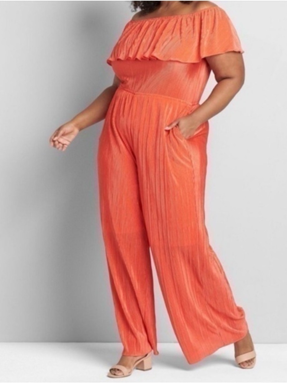 Lane Bryant Coral Off-Shoulder Wide-Leg Jumpsuit